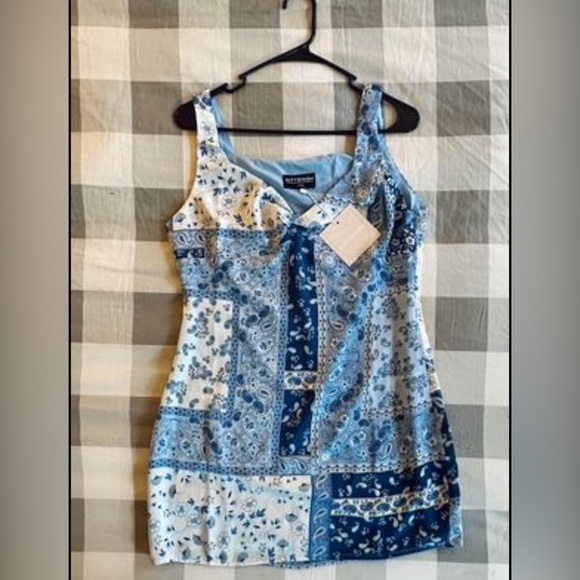 Kittenish, Blue, Paisley, Mini Dress, Large, Knot Front - Picture 1 of 4